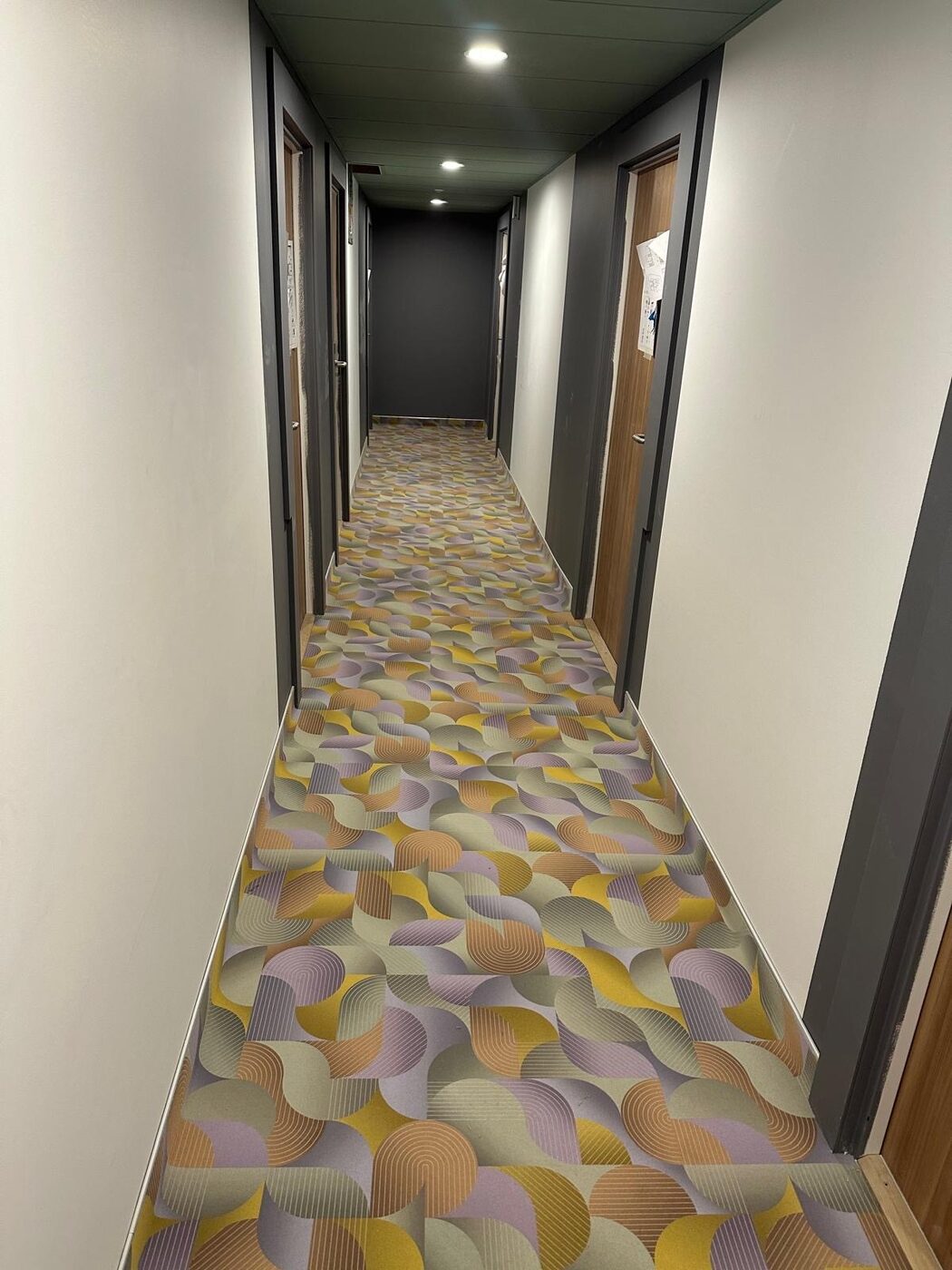 Couloir hôtelier avec moquette décor